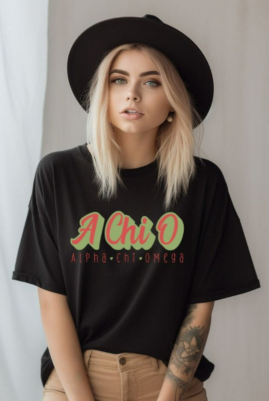 Stylish A Chi O Alpha Chi Omega graphic tee perfect for sorority shirts, featuring retro design and classic comfort. Black Graphic Tee