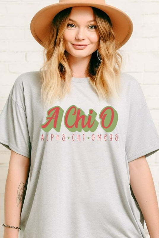 Stylish A Chi O Alpha Chi Omega graphic tee perfect for sorority shirts, featuring retro design and classic comfort. Grey Graphic Tee