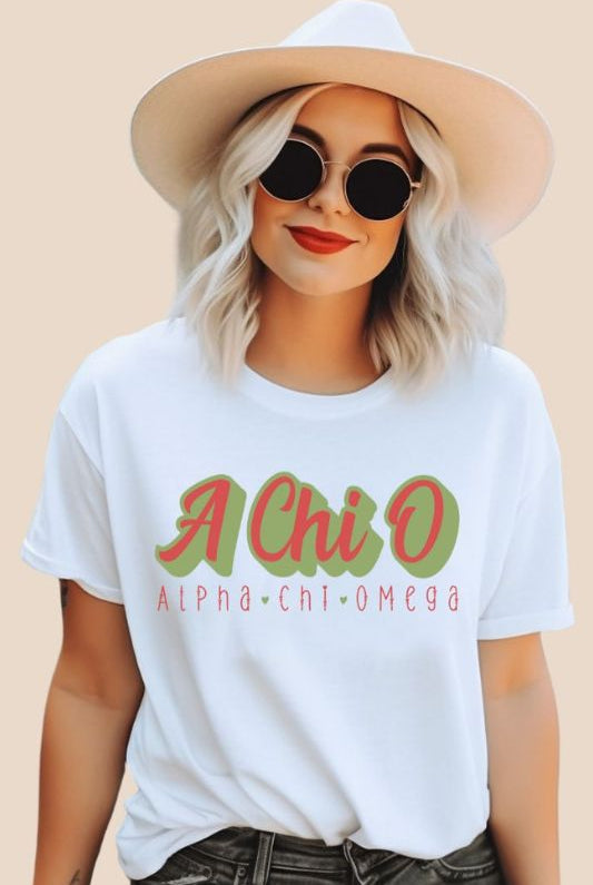 Stylish A Chi O Alpha Chi Omega graphic tee perfect for sorority shirts, featuring retro design and classic comfort. White Graphic Tee