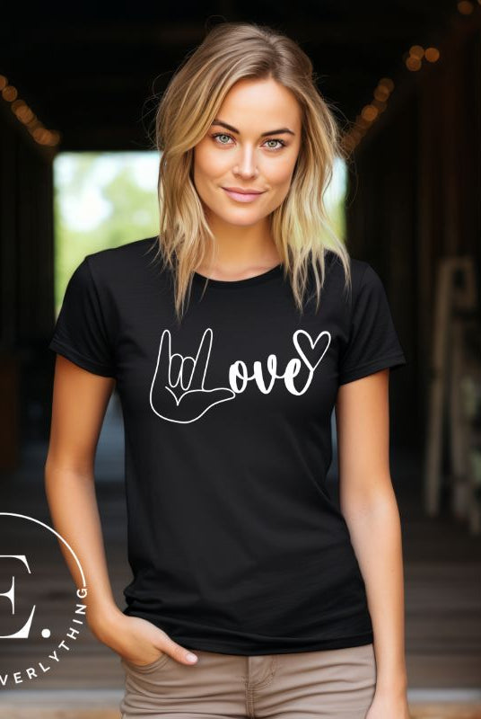 Embrace the power of communication with our downloadable PNG sublimation t-shirt design! Featuring American Sign Language (ASL) hand making the love symbol on a black shirt. 