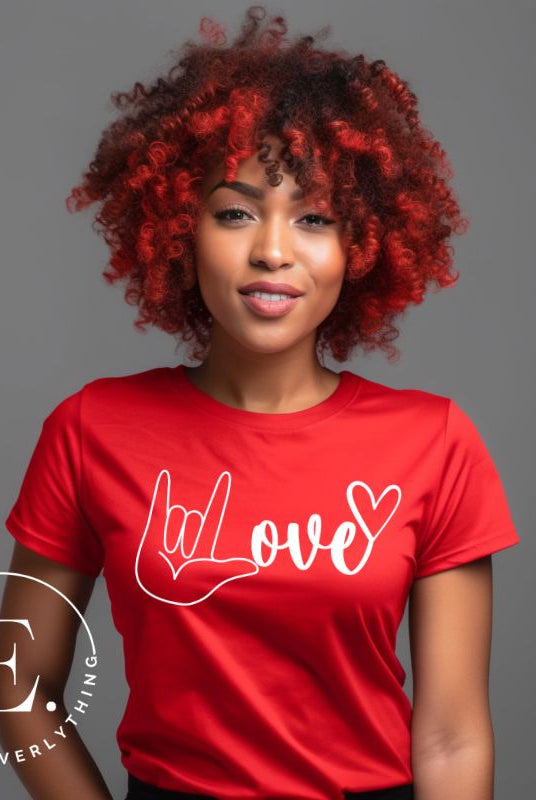 Embrace the power of communication with our downloadable PNG sublimation t-shirt design! Featuring American Sign Language (ASL) hand making the love symbol on a red shirt. 