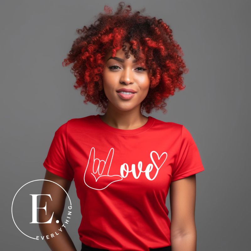 Embrace the power of communication with our downloadable PNG sublimation t-shirt design! Featuring American Sign Language (ASL) hand making the love symbol on a red shirt. 