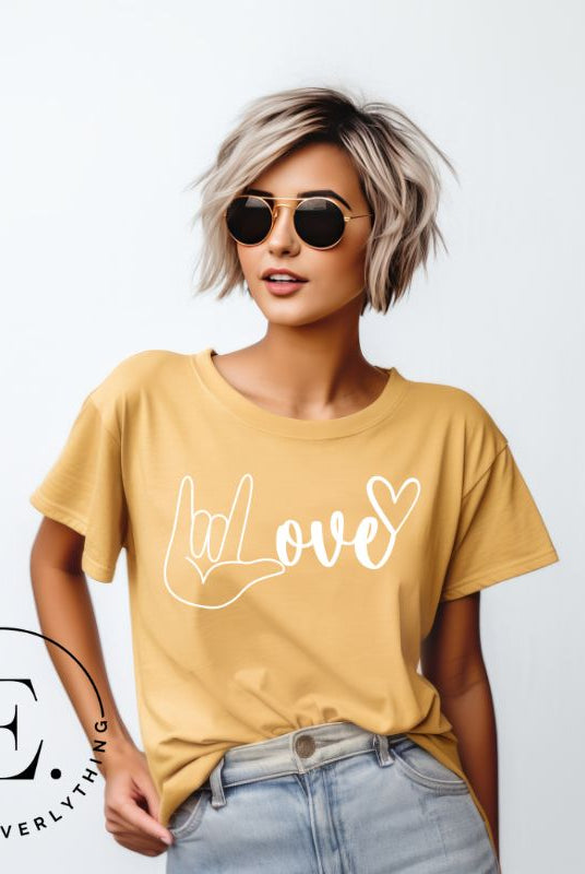 Embrace the power of communication with our downloadable PNG sublimation t-shirt design! Featuring American Sign Language (ASL) hand making the love symbol on a yellow shirt. 