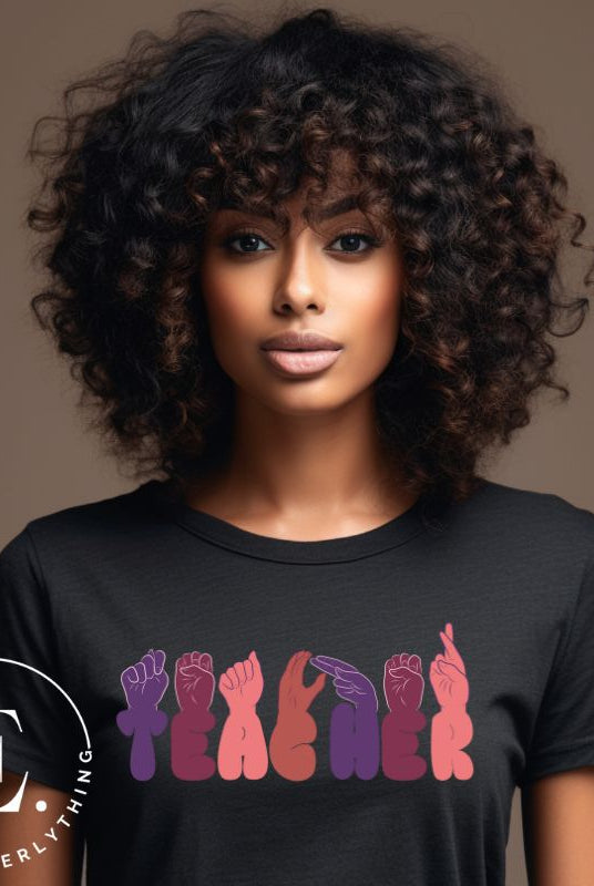 Let's celebrate our educators with this unique ASL teacher t-shirt. The word "teacher" is spelled out in American Sign Language using expertly crafted hands, highlighting their vital role in shaping our society. ASL teacher on a black colored shirt. 