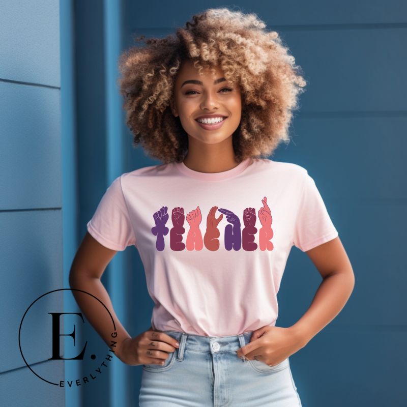 Show appreciation for educators with our downloadable PNG sublimation t-shirt design! Featuring American Sign Language (ASL) hands spelling 'teacher' this design honors the invaluable role of educators on a pink shirt. 