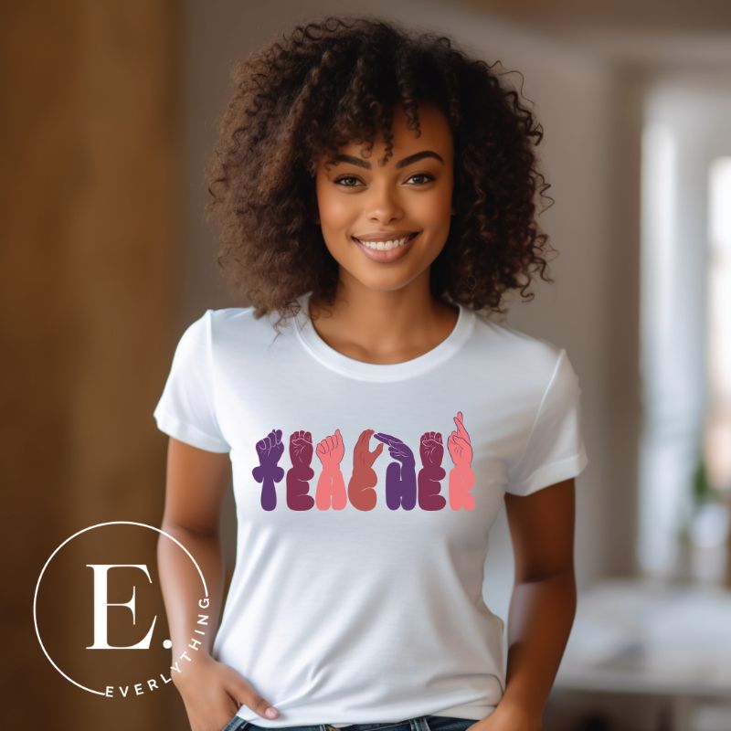 Show appreciation for educators with our downloadable PNG sublimation t-shirt design! Featuring American Sign Language (ASL) hands spelling 'teacher' this design honors the invaluable role of educators on a white shirt. 