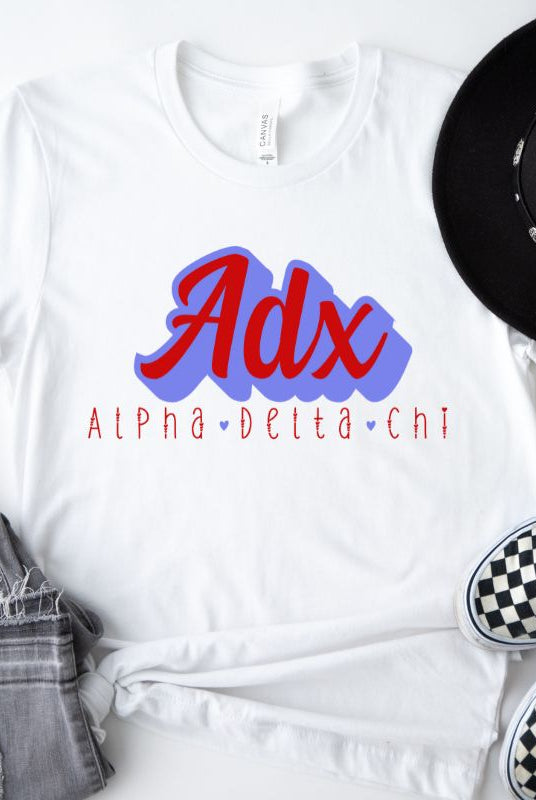 White graphic tee featuring ADX in bold lettering for Alpha Delta Chi sorority