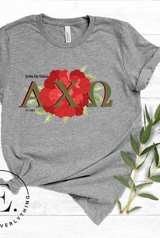 Show your Alpha Chi Omega pride with our downloadable PNG sublimation t-shirt design! Featuring the sorority letters and the iconic red carnation on grey shirt. 