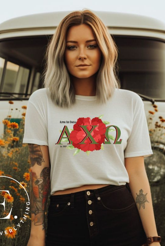 Show your Alpha Chi Omega pride with our downloadable PNG sublimation t-shirt design! Featuring the sorority letters and the iconic red carnation on a white shirt. 