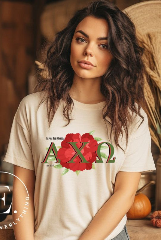 Show your Alpha Chi Omega pride with our downloadable PNG sublimation t-shirt design! Featuring the sorority letters and the iconic red carnation on a tan shirt. 
