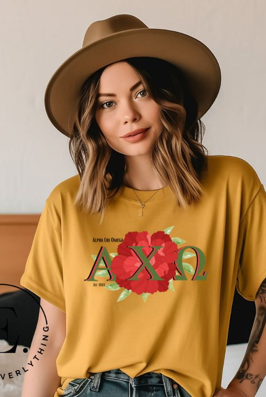 Show your Alpha Chi Omega pride with our downloadable PNG sublimation t-shirt design! Featuring the sorority letters and the iconic red carnation on a mustard shirt. 