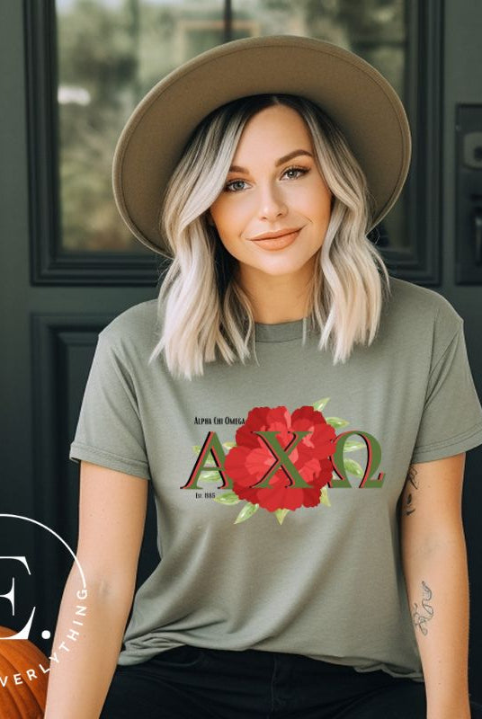 Show your Alpha Chi Omega pride with our downloadable PNG sublimation t-shirt design! Featuring the sorority letters and the iconic red carnation on green shirt. 
