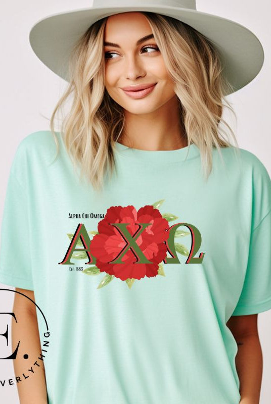 Show your Alpha Chi Omega pride with our downloadable PNG sublimation t-shirt design! Featuring the sorority letters and the iconic red carnation on a mint shirt. 