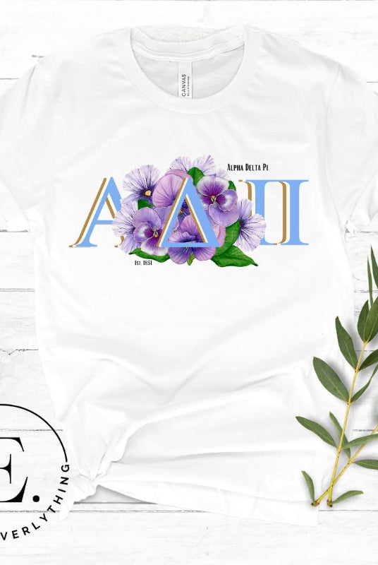 Show your Alpha Delta Pi pride with our stylish t-shirt featuring the sorority letters and the iconic violet, their symbolic flower on a white shirt.