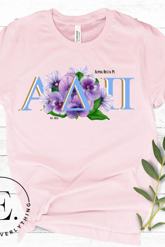 Elevate your Alpha Delta Pi sisterhood with our exclusive sublimation t-shirt download. Featuring the sorority's letters and the timeless violet, their symbolic flower on a pink shirt. 