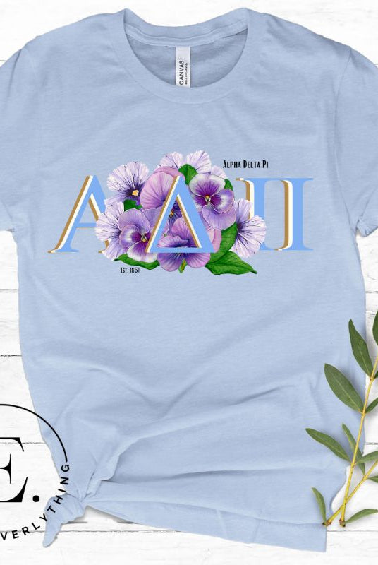 Elevate your Alpha Delta Pi sisterhood with our exclusive sublimation t-shirt download. Featuring the sorority's letters and the timeless violet, their symbolic flower on a blue shirt. 