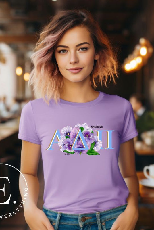 Elevate your Alpha Delta Pi sisterhood with our exclusive sublimation t-shirt download. Featuring the sorority's letters and the timeless violet, their symbolic flower on a purple shirt. 