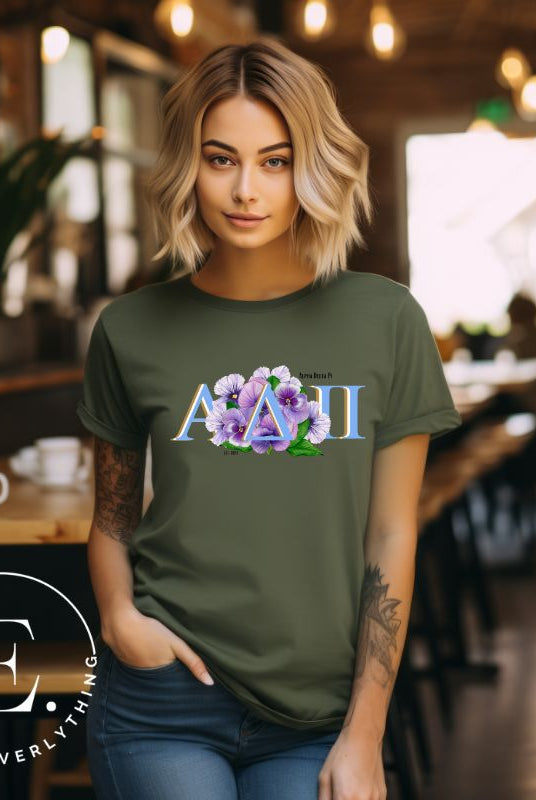Elevate your Alpha Delta Pi sisterhood with our exclusive sublimation t-shirt download. Featuring the sorority's letters and the timeless violet, their symbolic flower on an olive shirt. 
