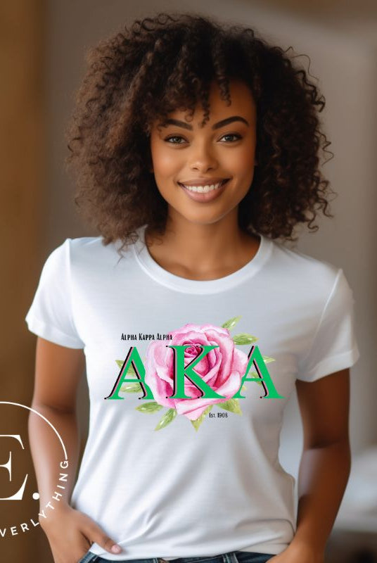 Show off your Kappa Alpha Kappa sisterhood with our stunning t-shirt featuring the sorority letters and the graceful pink tea rose on a white shirt. 