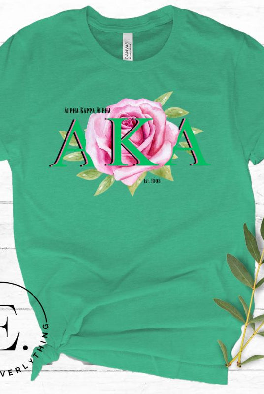 Show off your Kappa Alpha Kappa sisterhood with our stunning t-shirt featuring the sorority letters and the graceful pink tea rose on a kelly green shirt. 