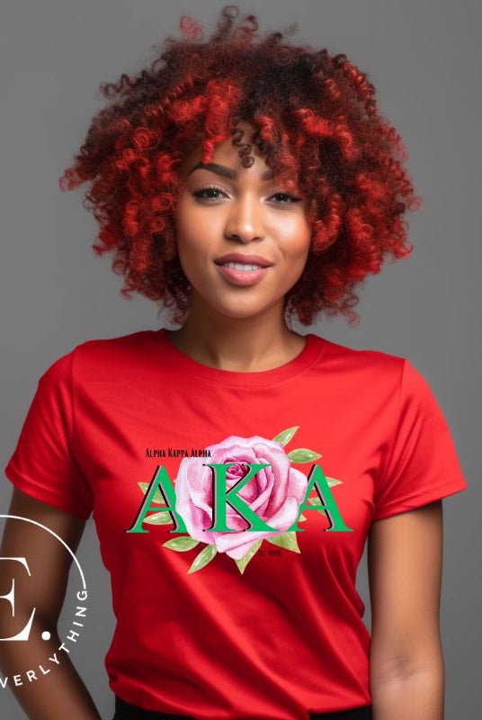 Unleash your Kappa Alpha Kappa sisterhood with our exclusive sublimation t-shirt download. Featuring the sorority's letters and the delicate pink tea rose on a red shirt. 