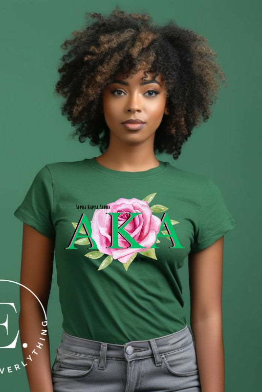Show off your Kappa Alpha Kappa sisterhood with our stunning t-shirt featuring the sorority letters and the graceful pink tea rose on a green shirt. 