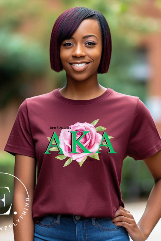 Unleash your Kappa Alpha Kappa sisterhood with our exclusive sublimation t-shirt download. Featuring the sorority's letters and the delicate pink tea rose on a maroon shirt. 