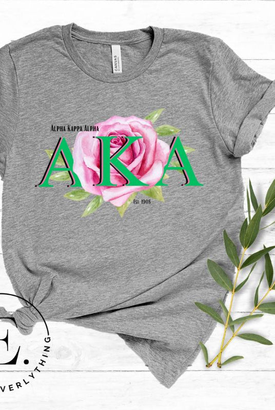 Show off your Kappa Alpha Kappa sisterhood with our stunning t-shirt featuring the sorority letters and the graceful pink tea rose on a grey shirt. 
