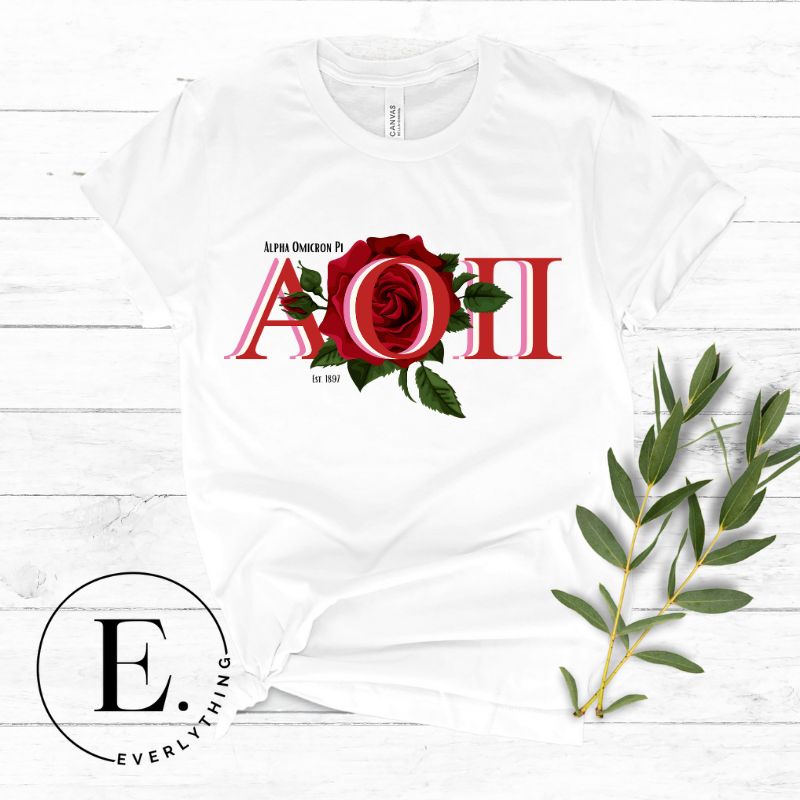 Elevate your Alpha Omicron Pi sisterhood with our premium sublimation t-shirt download. Featuring the sorority's letters and the timeless red rosa, their symbolic flower on a white shirt. 