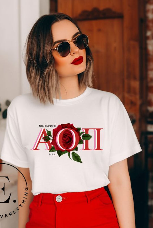 Elevate your Alpha Omicron Pi sisterhood with our premium sublimation t-shirt download. Featuring the sorority's letters and the timeless red rosa, their symbolic flower on a white shirt. 