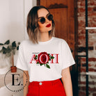 Elevate your Alpha Omicron Pi sisterhood with our premium sublimation t-shirt download. Featuring the sorority's letters and the timeless red rosa, their symbolic flower on a white shirt. 