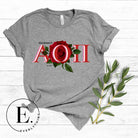 Elevate your Alpha Omicron Pi sisterhood with our premium sublimation t-shirt download. Featuring the sorority's letters and the timeless red rosa, their symbolic flower on a grey shirt. 