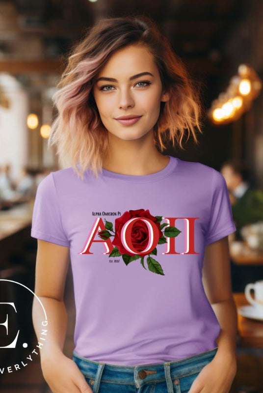 Elevate your Alpha Omicron Pi sisterhood with our premium sublimation t-shirt download. Featuring the sorority's letters and the timeless red rosa, their symbolic flower on a purple shirt. 