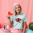 Elevate your Alpha Omicron Pi sisterhood with our premium sublimation t-shirt download. Featuring the sorority's letters and the timeless red rosa, their symbolic flower on an ice blue shirt. 