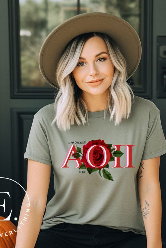 Elevate your Alpha Omicron Pi sisterhood with our premium sublimation t-shirt download. Featuring the sorority's letters and the timeless red rosa, their symbolic flower on an olive green shirt. 