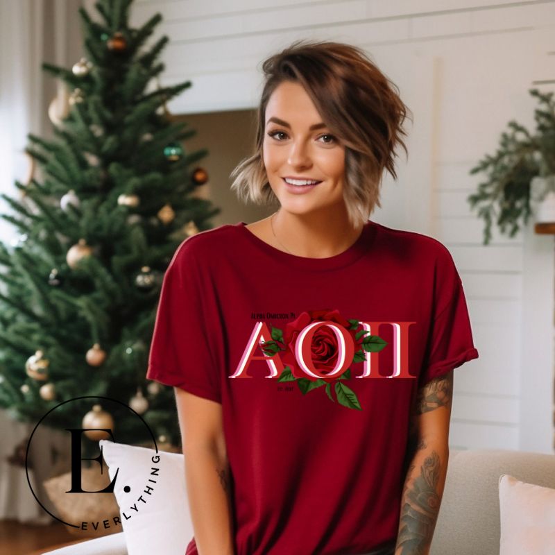 Elevate your Alpha Omicron Pi sisterhood with our premium sublimation t-shirt download. Featuring the sorority's letters and the timeless red rosa, their symbolic flower on a maroon shirt. 