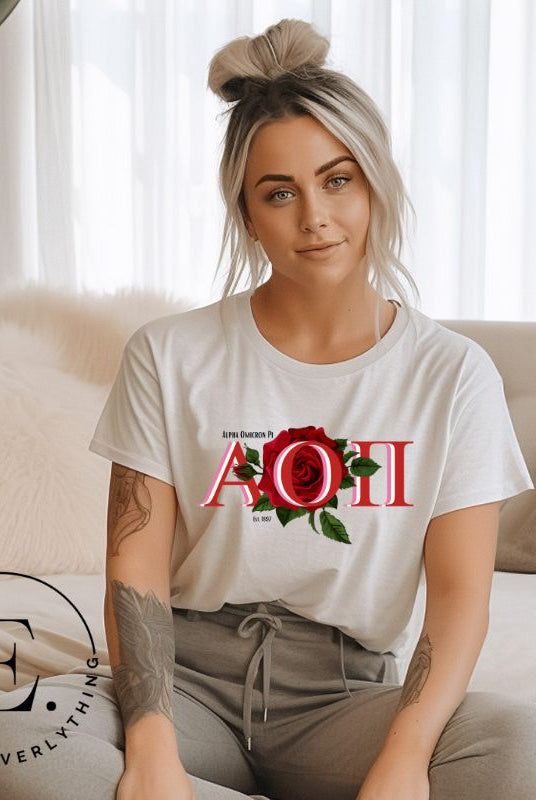 Elevate your Alpha Omicron Pi sisterhood with our premium sublimation t-shirt download. Featuring the sorority's letters and the timeless red rosa, their symbolic flower on a soft cream shirt. 
