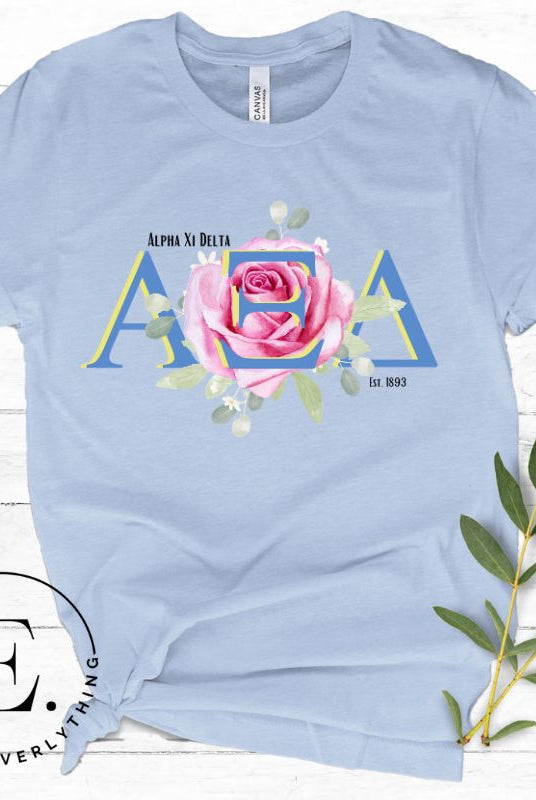 Unleash your Alpha Xi Delta pride with our exclusive sublimation t-shirt download. Featuring the sorority's letters and the beautiful pink rose on a blue shirt. 