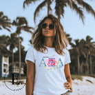 Show your Alpha Xi Delta pride with our stylish t-shirt featuring the sorority's letters and iconic pink rose on a white shirt. 