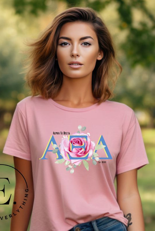 Unleash your Alpha Xi Delta pride with our exclusive sublimation t-shirt download. Featuring the sorority's letters and the beautiful pink rose on a pink shirt. 