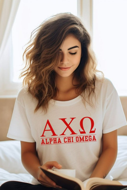 Chic Alpha Chi Omega graphic tee - a must-have for sorority shirts, combining style and sisterhood pride. White Graphic Tee