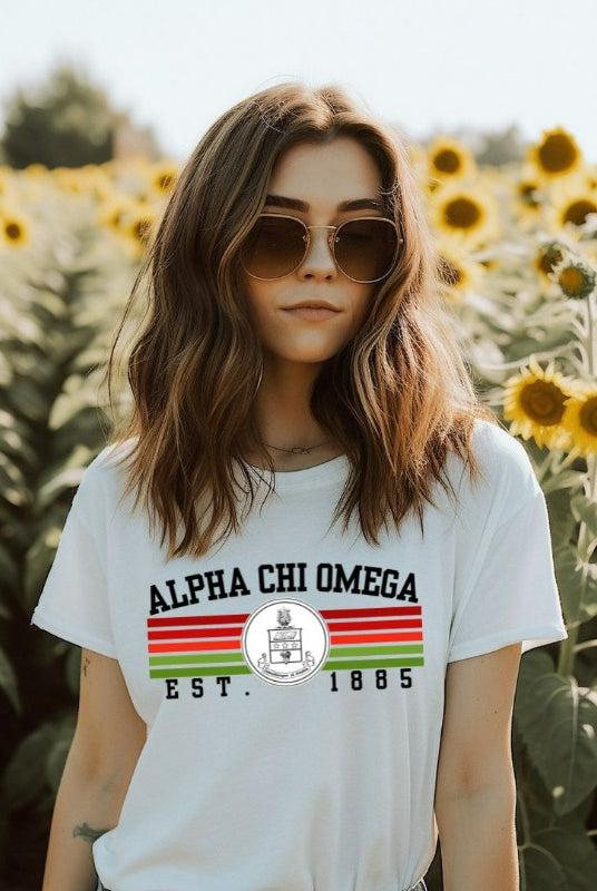 Alpha Chi Omega Est 1885 sorority crest graphic tee - the perfect addition to your collection of chic and trendy sorority shirts. White Graphic Tee