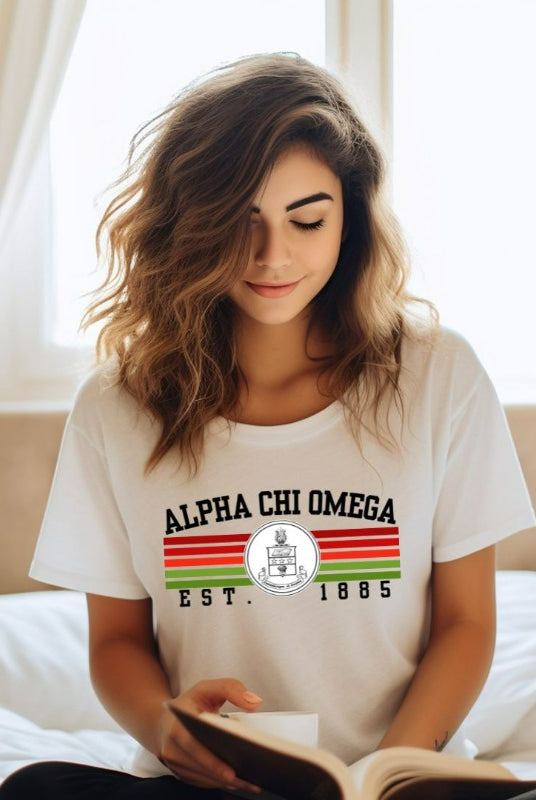Alpha Chi Omega Est 1885 sorority crest graphic tee - the perfect addition to your collection of chic and trendy sorority shirts. White graphic tee