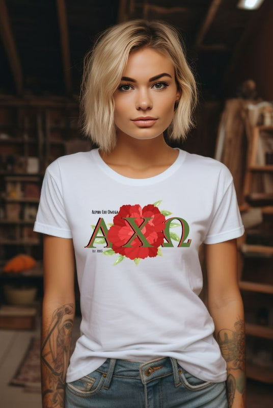 Showcase your Alpha Chi Omega pride with this Est 1885 red carnation graphic tee - the ultimate sorority shirt for style and sisterhood. white graphic tee