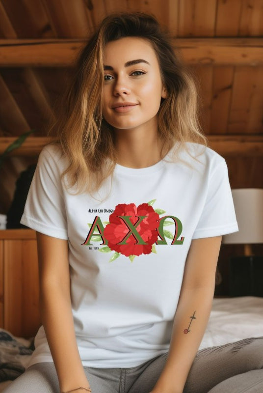 Showcase your Alpha Chi Omega pride with this Est 1885 red carnation graphic tee - the ultimate sorority shirt for style and sisterhood. white graphic tee