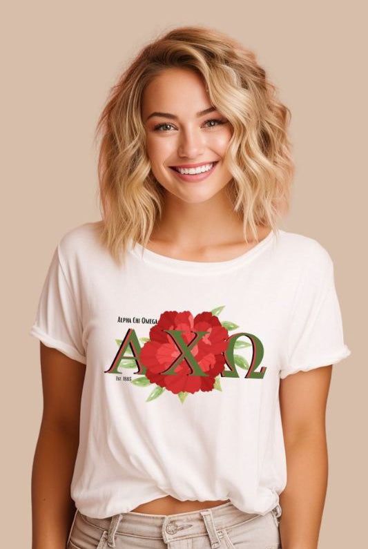 Showcase your Alpha Chi Omega pride with this Est 1885 red carnation graphic tee - the ultimate sorority shirt for style and sisterhood. White graphic tee