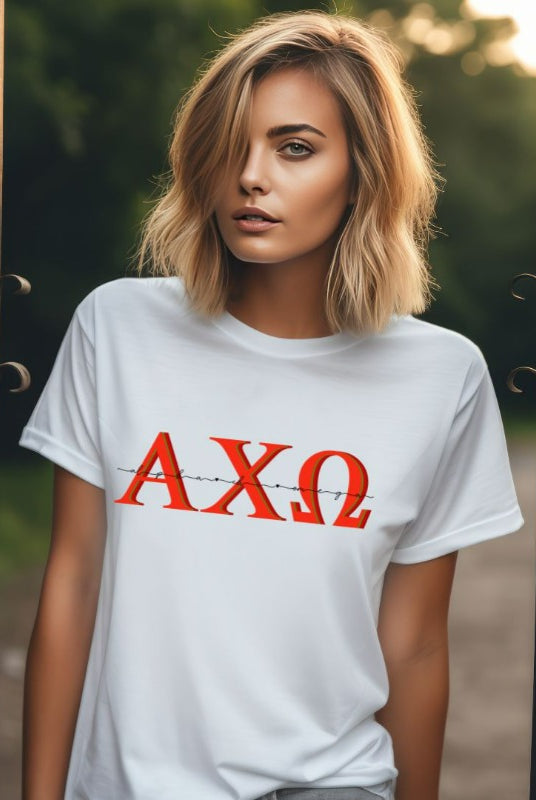 Elevate your sorority style with this Alpha Chi Omega Letters graphic tee - a must-have for any collection of sorority shirts that showcases your Alpha Chi Omega pride. White graphic Tee