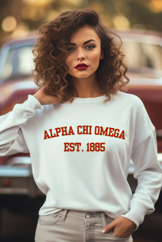 Stay cozy in style with this Alpha Chi Omega Est 1885 pullover sweatshirt - a must-have for any collection of sorority sweatshirts, representing timeless sisterhood pride. White Graphic Sweatshirt