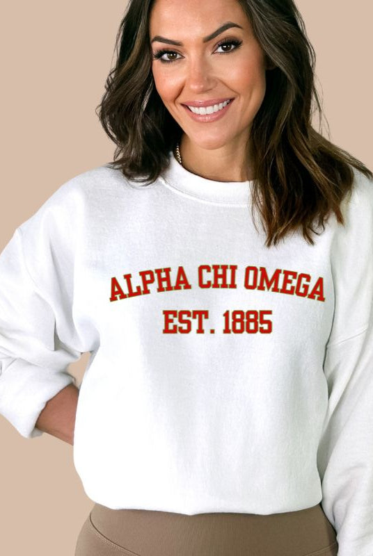 Alpha Chi Omega Est 1885 Sports lettering PNG sublimation digital download design, on a white graphic sweatshirt.