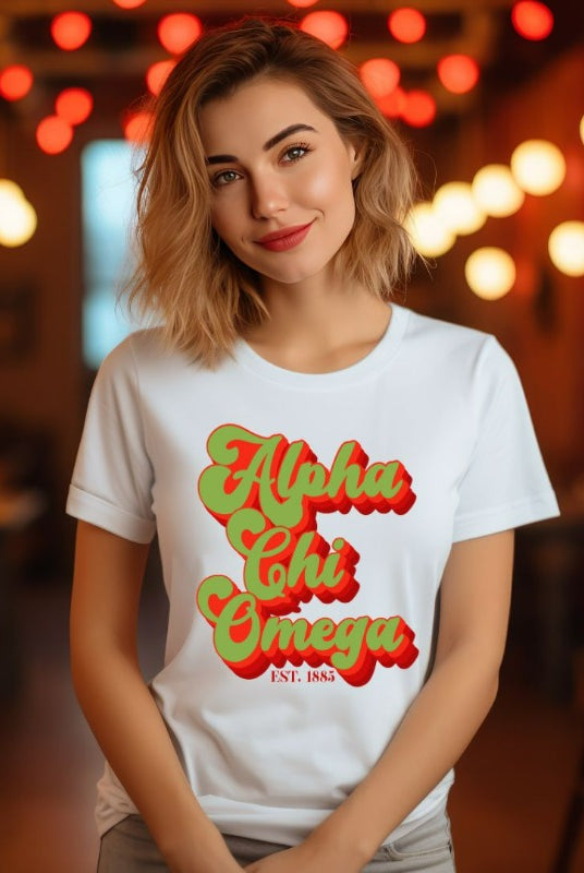 Get a retro-chic look with this Alpha Chi Omega Est 1885 graphic tee - a trendy choice for sorority shirts that combines timeless style with sisterhood pride. White graphic tee